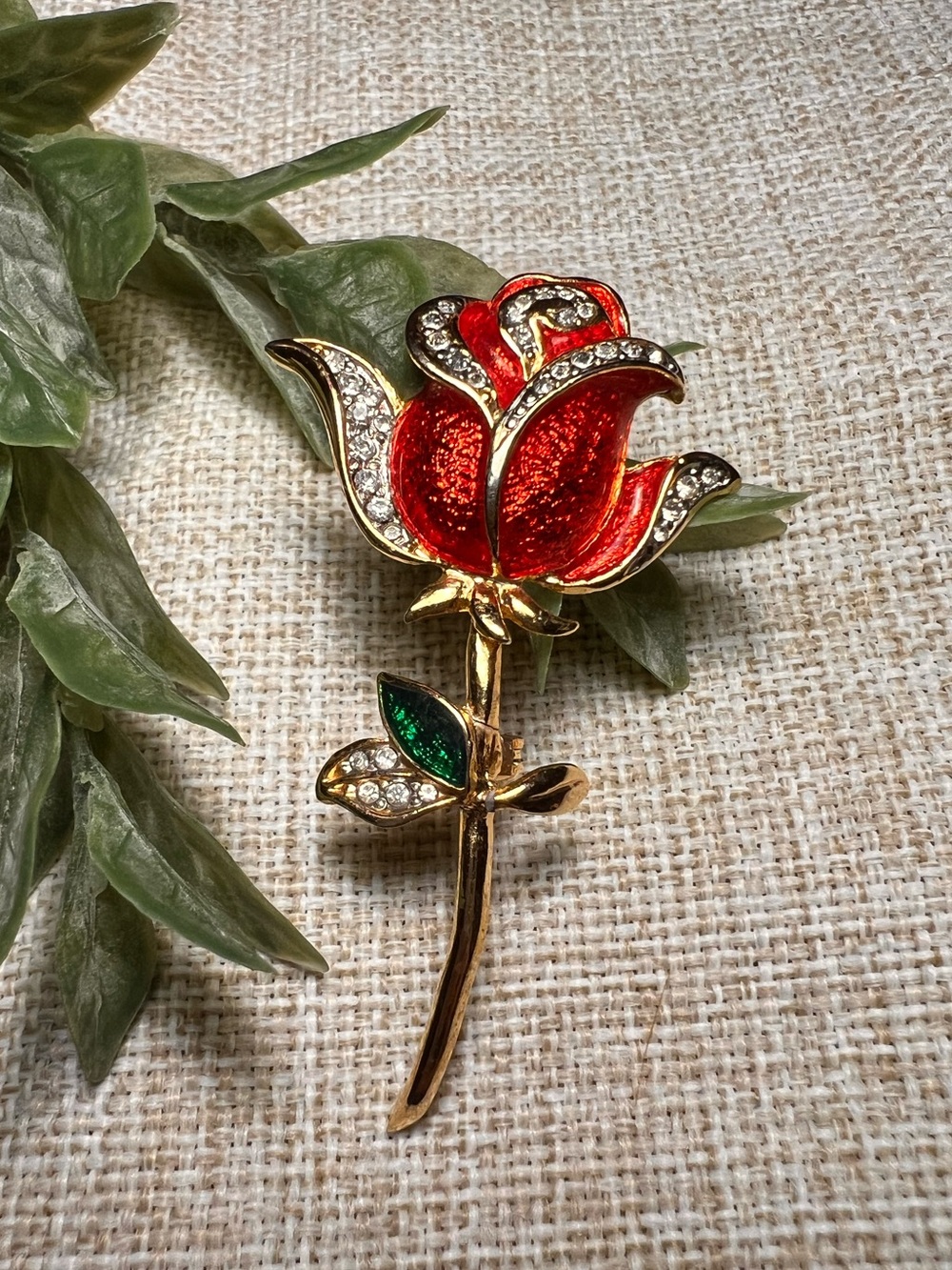 Gold and Red Enamel Rose Brooch with Crystals | Whimsy Fairy-Core